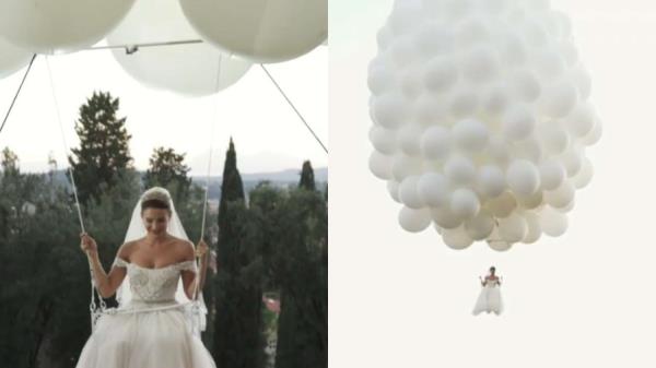 新娘带着250个氦气球飘浮到婚礼现场，观看视频